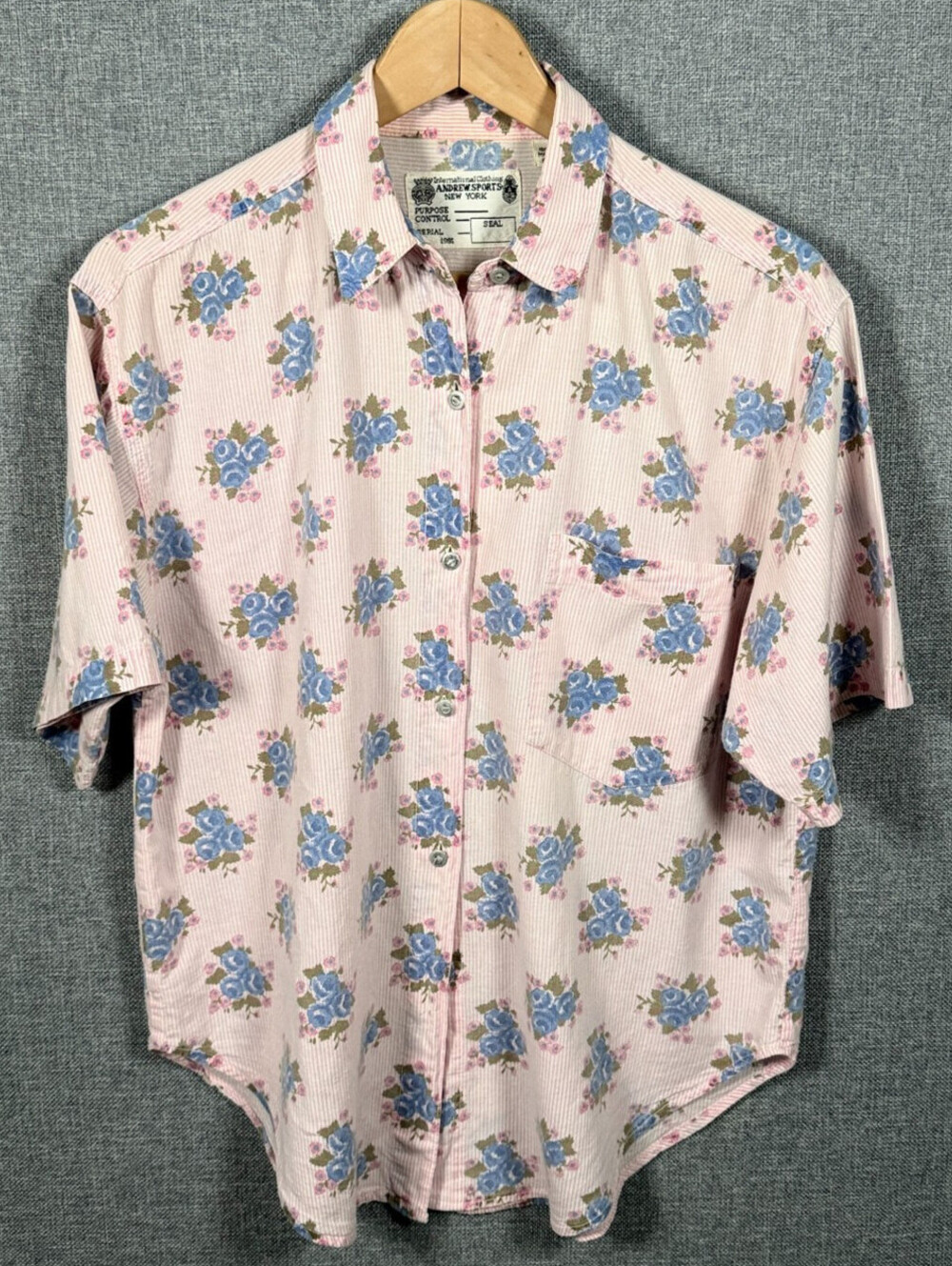 Vintage 90s Andrew Sports Floral Rose Shirt Women's Size M Pink Pinstripe